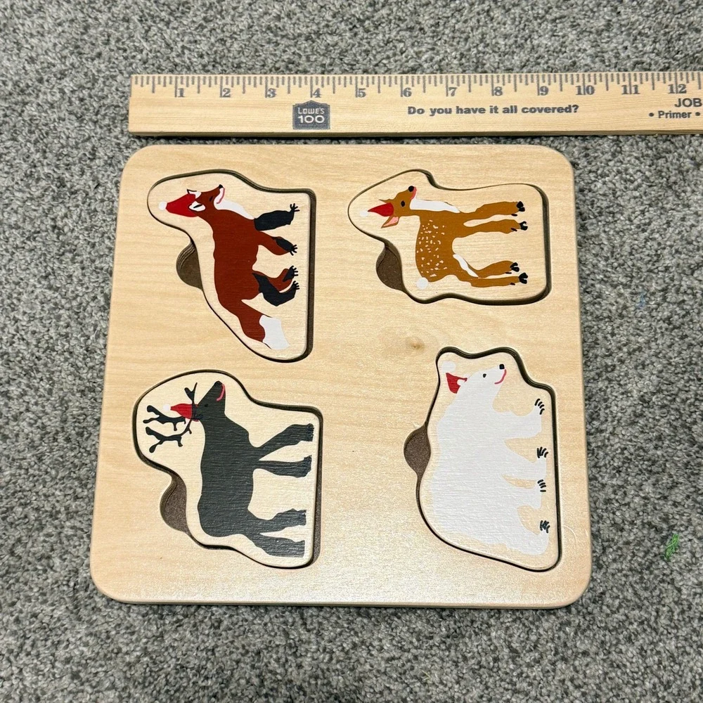 Woodland Animals Chunky Wooden Puzzle Holiday Winter Theme Natural Wood 8.5in
